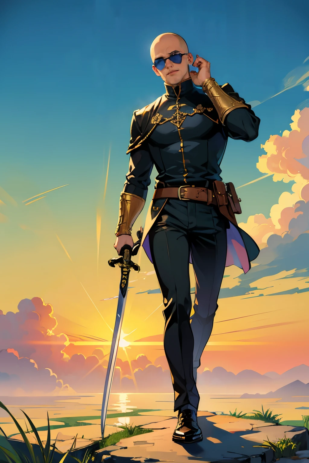 masterpiece, best quality, ultra-detailed, extremely detailed, 4K, 8K, best quality, beautiful, full body, in the middle, castle, morning, spring, a handsome man, man, solo, skinhead, beautiful black eyes, beautiful eyes, sunglasses, light smile,A hero in a role-playing game, both hands gripping a sword and holding it up to the earth