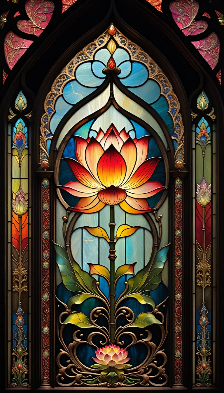 triadic colors, cinematic, baroque, Craola, highly detailed stained glass,lotus,thai,pointed arch, Andy Kehoe, John Blanche, complex highly detailed background, fantasy, filigree, filigree detailed, intricated