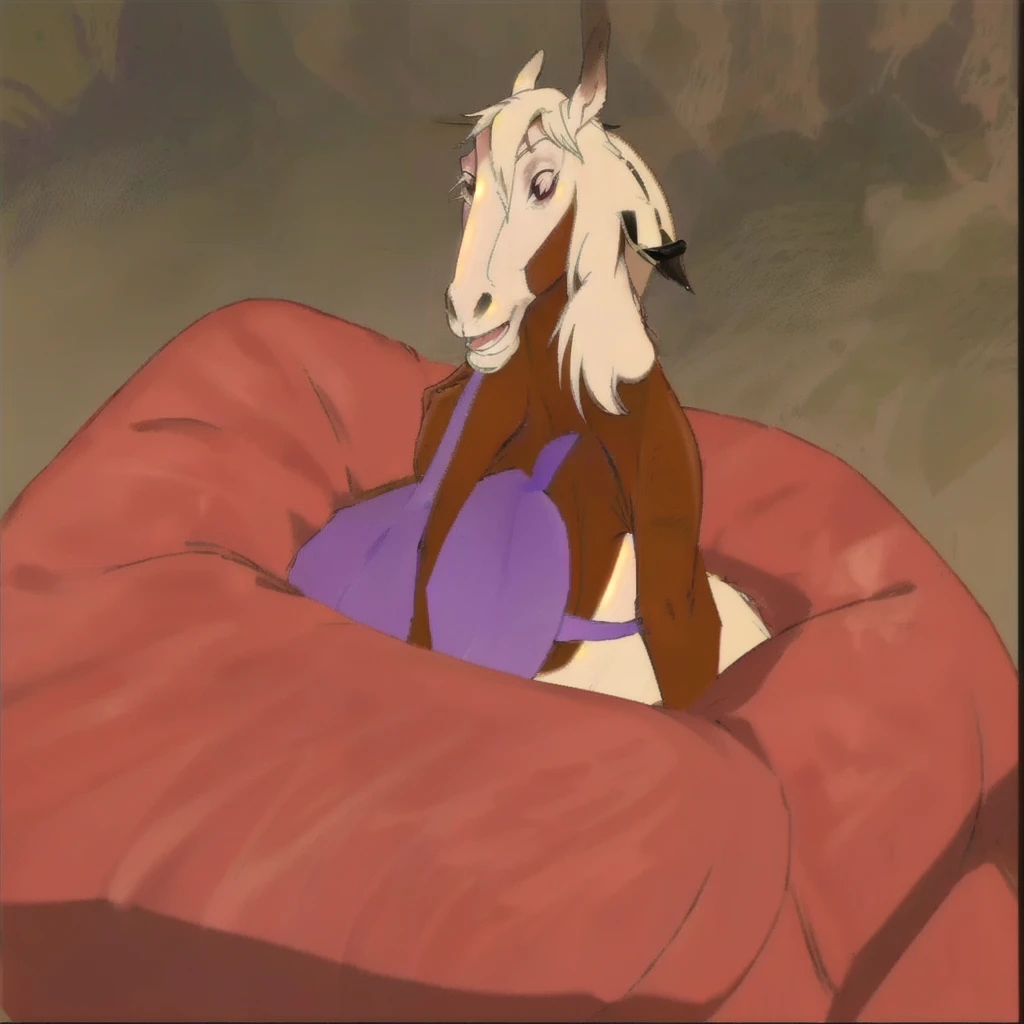 Araffe assis sur un canapé rouge avec un soutien-gorge violet, jument anthropomorphe, male centaure centaure chimera, un centauree, centaure horse, pot pot binks, Cheval anthropomorphe, hybride de souris et de cheval, Elle-ra, elle - ra, animation adulte ombragée par cellule, centaure