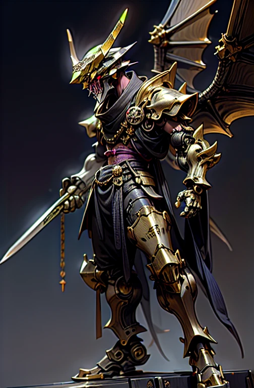 Dark_Fantasy,Cyberpunk,(chain ,samurai ,black and gold:1.1),1man, Dragon Robotic Armor, Dragon horn, mechanical dragon Wings, dark purple colored, bring a katana, authoritative pose,(steel metal [rusty])