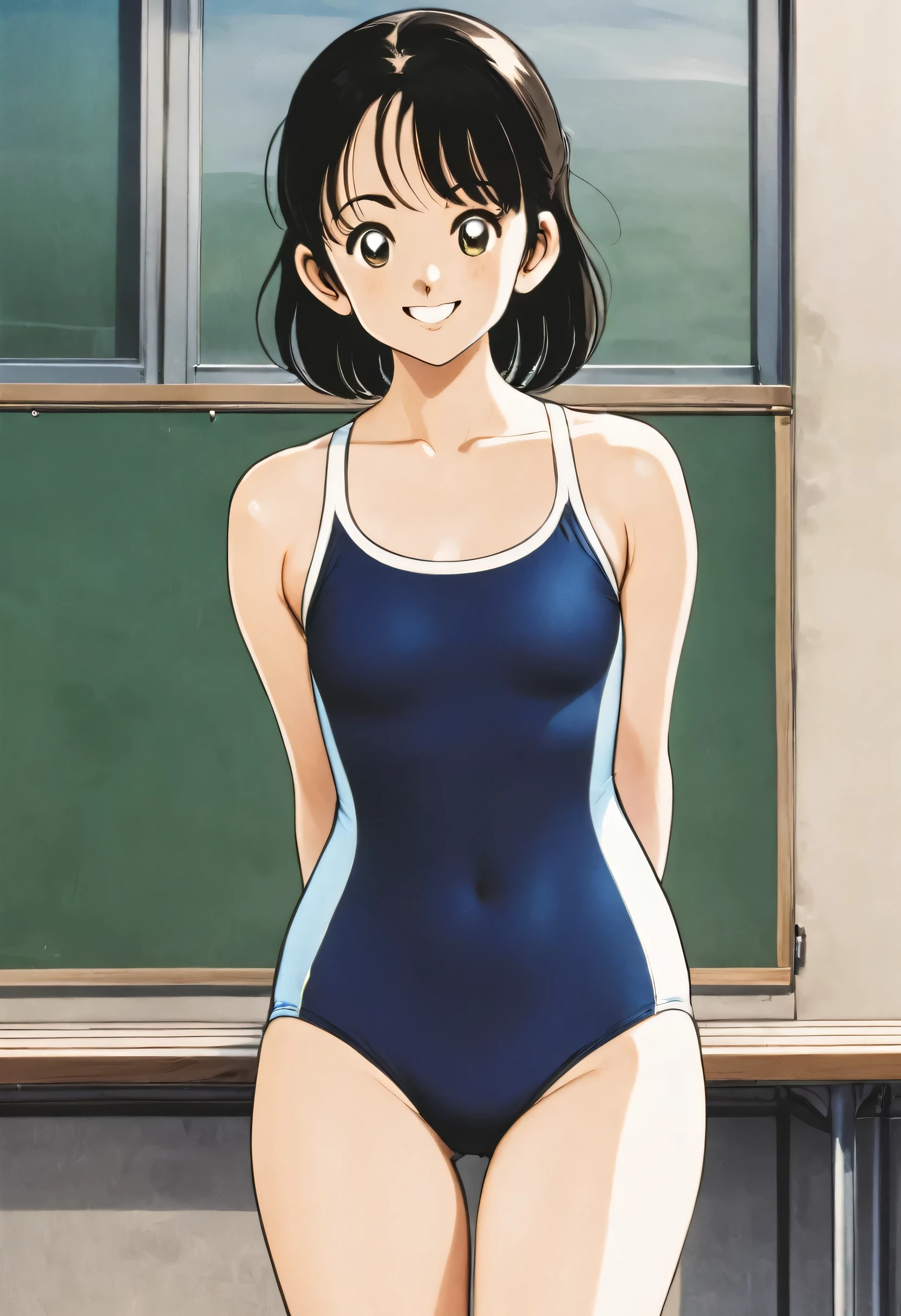 school swimsuit、Looking at the camera, smiling、upright