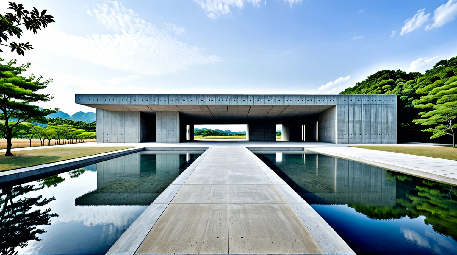 Tadao Ando style museum, minimalist, rustic, concrete architecture, clean lines, natural light, open spaces, serene ambiance, simple design, nature blend