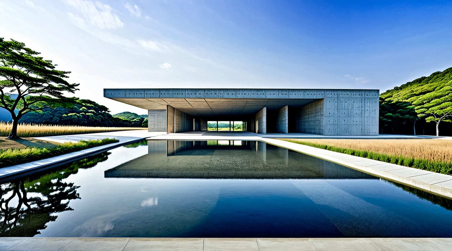 Tadao Ando style museum, minimalist, rustic, concrete architecture, clean lines, natural light, open spaces, serene ambiance, simple design, nature blend