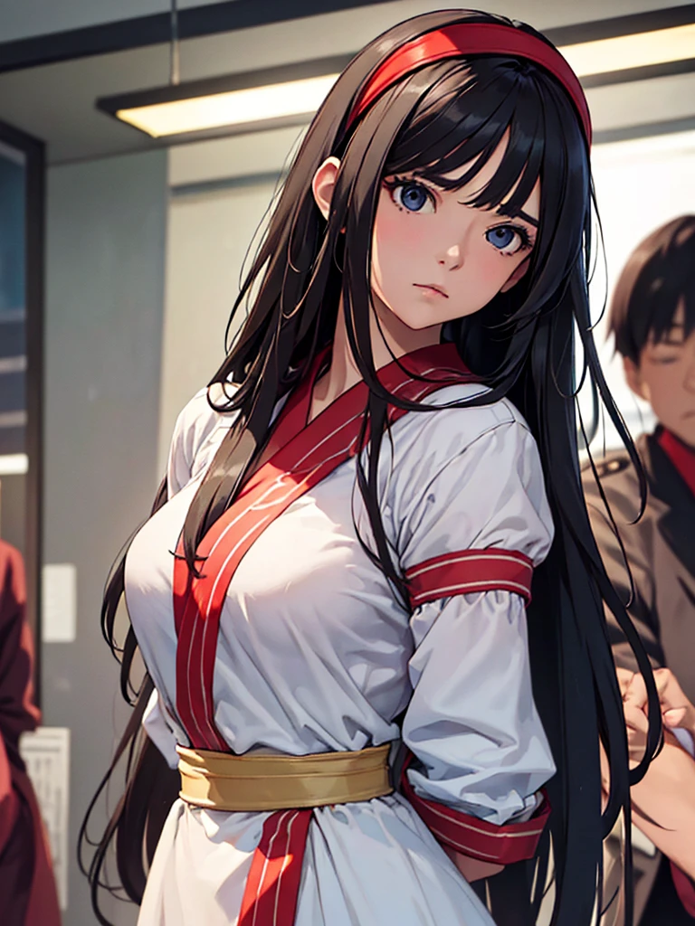 (​masterpiece、top-quality、hight resolution), A female interviewee during an interview, finding it difficult to answer a particular question. The focus is on her upper body, showing her expression of hesitation and discomfort. She is dressed formally and appears composed, but her body language, such as a slight fidget or a nervous glance, indicates her unease. The question she is struggling with is not related to a crime but is still something she finds challenging to discuss openly in a public setting. The background suggests a professional interview environment, perhaps with a microphone or a recording device in view. red ribbon,hairband