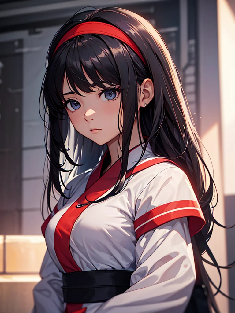 (​masterpiece、top-quality、hight resolution), A female interviewee during an interview, finding it difficult to answer a particular question. The focus is on her upper body, showing her expression of hesitation and discomfort. She is dressed formally and appears composed, but her body language, such as a slight fidget or a nervous glance, indicates her unease. The question she is struggling with is not related to a crime but is still something she finds challenging to discuss openly in a public setting. The background suggests a professional interview environment, perhaps with a microphone or a recording device in view. red ribbon,hairband