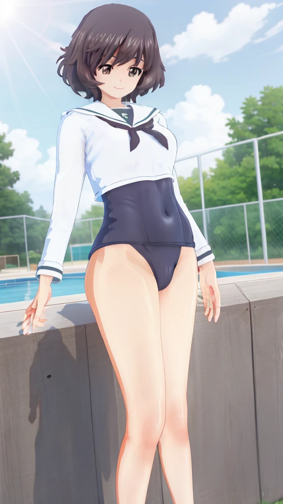 school swimsuit、Looking at the camera, smiling、upright