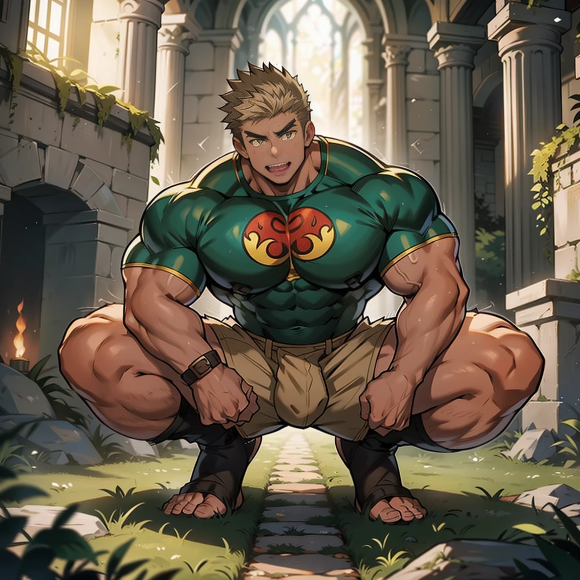 masterpiece, best quality, There is a cartoon,A man holding his crotch, muscular character, muscular male hero, muscular的姿势, muscular!, muscular!!, Medium shot of handsome guy, High resolution commissions, muscular! Medieval style, Super charming and cool, Heavy hand gesture style close-up, Very strong, muscular!!!, Muscle Man, muscular characters, muscular! , Open your mouth,Stick out your tongue, Ash-gold eyes, Delicate eyes, Light Blonde Gray Hair,Half naked,The background is the dungeon,groundwater,moss,Stone bricks,Moss stone,Pillar of Fire,Squatting on the ground