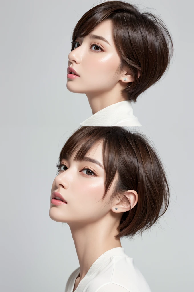 (Highest quality、Tabletop、8K、Best image quality、Award-winning works)、((profile:1.4))、ear、((short hair:1.46)),(Brown Hair)、(White casual clothes:1.2)、(The simplest pure white background:1.3)、(Perfectly fixed in front:1.1),(Portrait with Space:1.2)、Beautiful and exquisite、Perfect Makeup、Ultra-high definition beauty face、Ultra HD Hair、Ultra HD Shining Eyes、Super high quality glossy lip、Accurate anatomy、Very beautiful skin、(Pure white skin shining in ultra-high resolution:1.1)、(Very bright:1.2),Big Natural Color Lip、Lip gloss,Harajuku、cute、cute美人