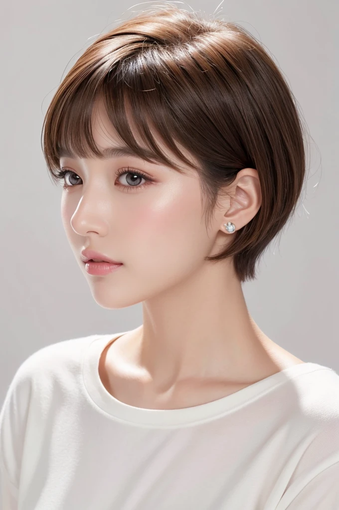 (Highest quality、Tabletop、8K、Best image quality、Award-winning works)、((profile:1.4))、ear、((short hair:1.46)),(Brown Hair)、(White casual clothes:1.2)、(The simplest pure white background:1.3)、(Perfectly fixed in front:1.1),(Portrait with Space:1.2)、Beautiful and exquisite、Perfect Makeup、Ultra-high definition beauty face、Ultra HD Hair、Ultra HD Shining Eyes、Super high quality glossy lip、Accurate anatomy、Very beautiful skin、(Pure white skin shining in ultra-high resolution:1.1)、(Very bright:1.2),Big Natural Color Lip、Lip gloss,Harajuku、cute、cute美人