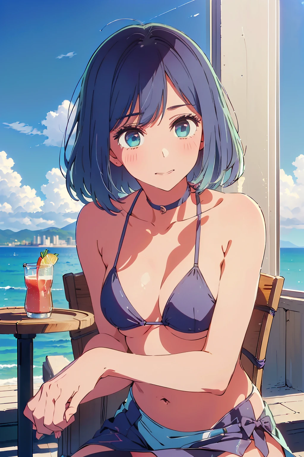 (Highest quality:1.4、masterpiece:1.4、Super detailed:1.4、8K:1.4)、F cup bust、Big Breasts、Slim body、((((1 person、Surprised expression、sit、Chair、In the background are the urban buildings of Tokyo、looking at the camera、Outdoor café terrace、coastal、Navy hair color、juice、Shooting up close、table、Very cute face))))、(Pose of putting hair behind ears with hands:1.4、Cheek resting on hand:1.4）、((nude、Areola、bikini size too small))、Seamless see-through top、Very blue sky、A completely cloudless sky、Big eyes、Shallow depth of field