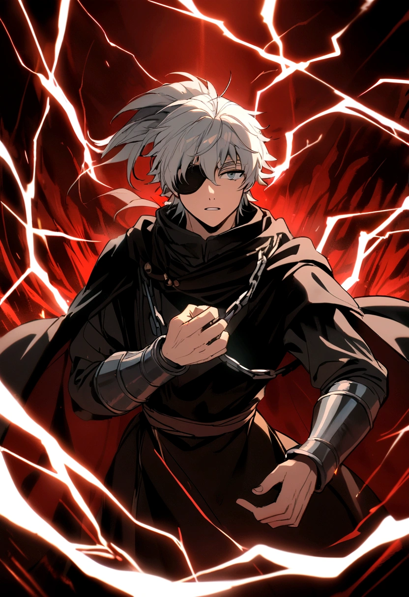 Anime character, a man, medieval era. Young man, 20 years old, large body, cold gaze, white teeth, messy short gray hair, ponytail, left eye patch, black clothes, dark cape with hood, chains. front camera, advancing in a sea of ​​blood. white electricity overflowing all over his body, black electricity in his left hand. Right eye shining in a white ray. Thunderous red lightning