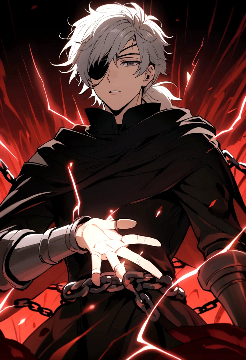 Anime character, a man, medieval era. Young man, 20 years old, large body, cold gaze, white teeth, messy short gray hair, ponytail, left eye patch, black clothes, dark cape with hood, chains. front camera, advancing in a sea of blood. white electricity overflowing all over his body, black electricity in his left hand. Right eye shining in a white ray. Thunderous red lightning