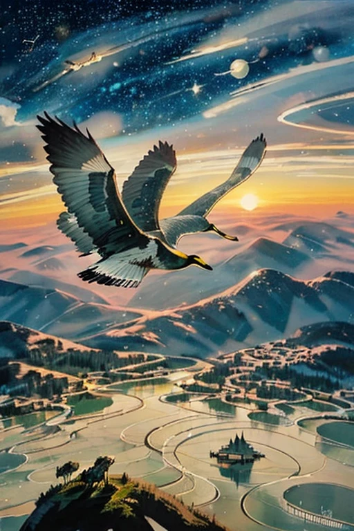 School of wild ducks, Flight, Mysterious clouds, expression of surprise, incredible views, Not available, in the sky, stars, illuminating the night sky, High Mountains, Amazing sunset, Fly as much as you want, Through the clouds, Shocking scene with outstretched wings, Huge starry sky, A fusion of tradition and modernity./masterpiece illustration, high quality, 8K, A high resolution,