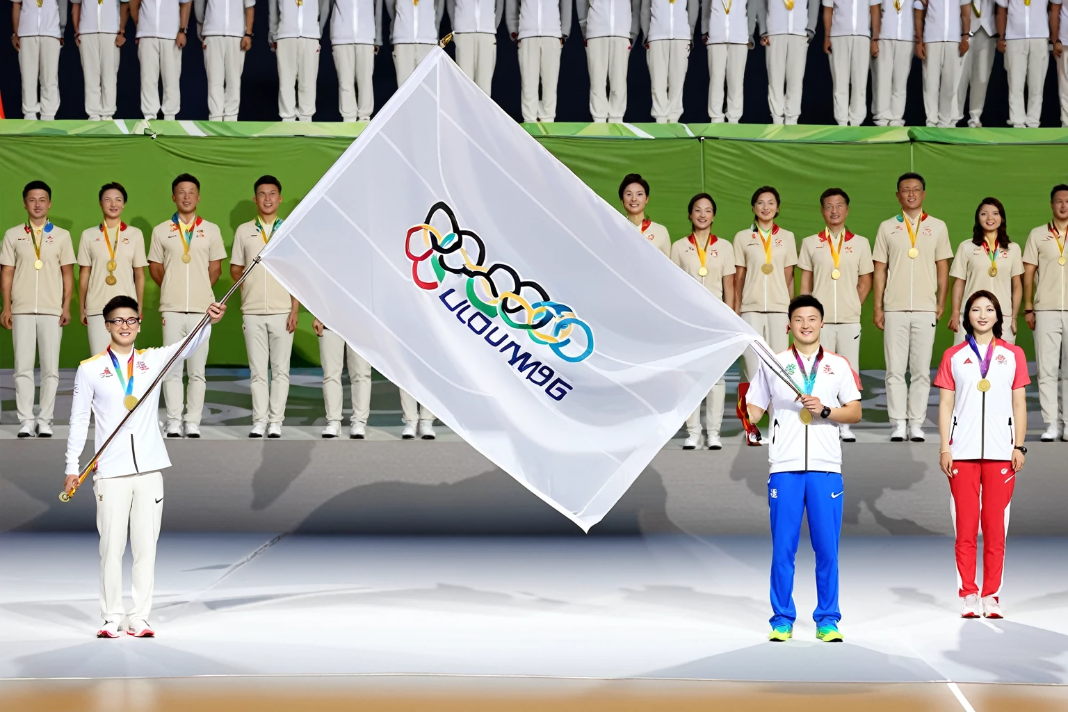 Two men holding a flag，And a woman, Olympic Games Photos, wei wang, wu liu, Olympic medal ceremony, Awards, from me, Hot ，, Jin Yu, 2017, 2 0 1 7, Photo showing, Holding a white flag, 2 0 1 6, 2016, lu ji