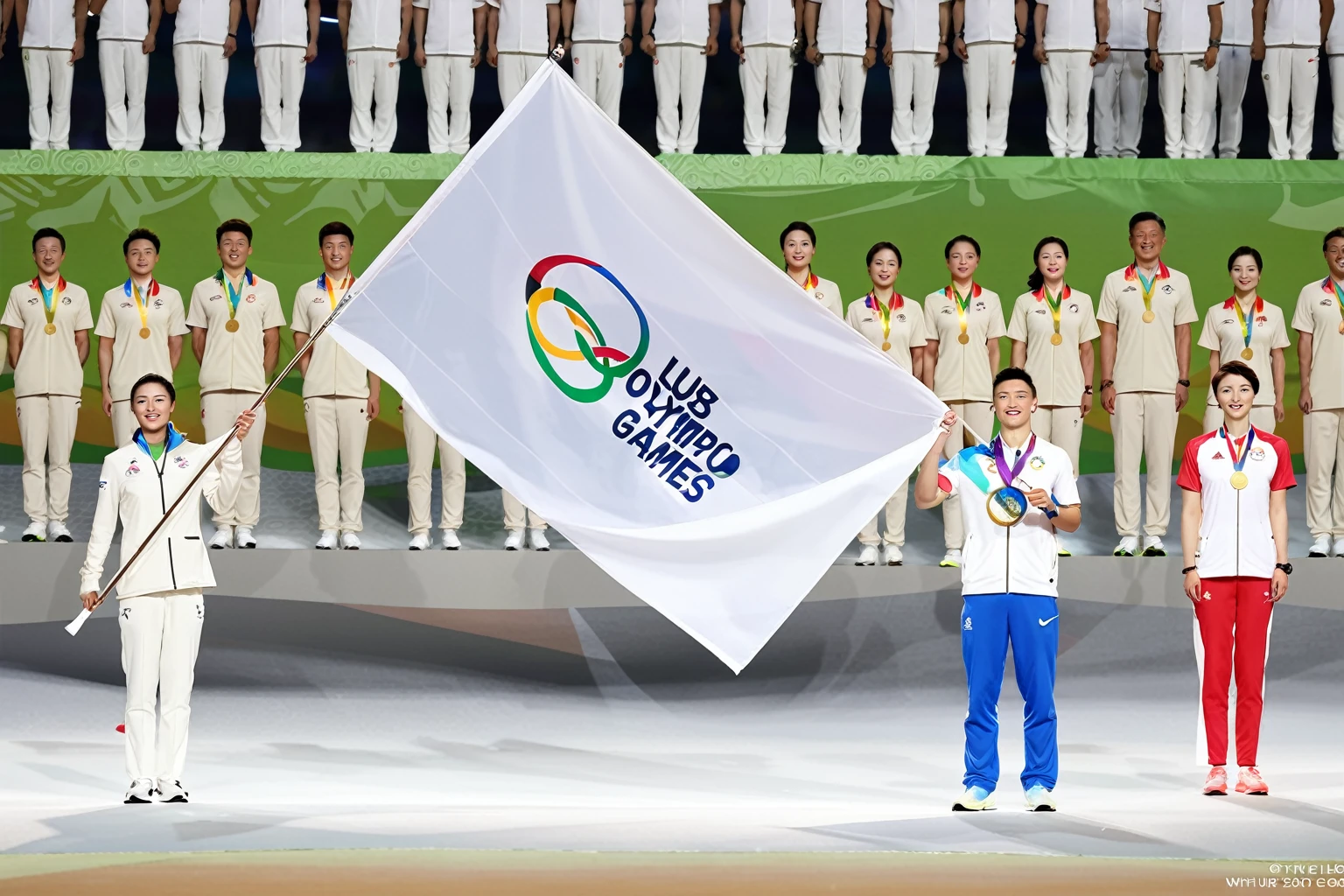 Two men holding a flag,And a woman, Olympic Games Photos, wei wang, wu liu, Olympic medal ceremony, Awards, from me, Hot ,, Jin Yu, 2017, 2 0 1 7, Photo showing, Holding a white flag, 2 0 1 6, 2016, lu ji