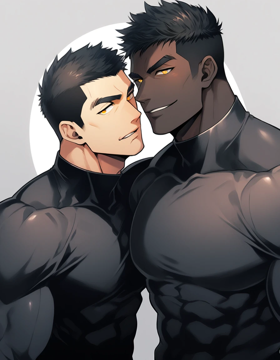 anime characters：Two superheroes in tights, Muscle superhero, negro black skin, They hugged and kissed each other, Bite your neck, Caress, Manliness, male focus, Yellow and black high collar long sleeve tight T-shirt, Slightly transparent material, Very tight, Round, full and perky chest muscles, Muscle waist, Slightly transparent, muscular male, muscular, only, Upper body, alone, Black short hair, Thick eyebrows, stubble, Yellow eyes, Grey background, simple background, amazing quality, best aesthetics, Ridiculous, bright pupils, crew cut, parted lips, seductive smile, torogao, naughty face, drop shadow, best quality