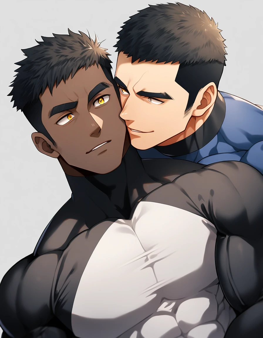 anime characters：Two superheroes in tights, Muscle superhero, negro black skin, They hugged and kissed each other, Bite your neck, Caress, Manliness, male focus, Yellow and black high collar long sleeve tight T-shirt, Slightly transparent material, Very tight, Round, full and perky chest muscles, Muscle waist, Slightly transparent, muscular male, muscular, only, Upper body, alone, Black short hair, Thick eyebrows, stubble, Yellow eyes, Grey background, simple background, amazing quality, best aesthetics, Ridiculous, bright pupils, crew cut, parted lips, seductive smile, torogao, naughty face, drop shadow, best quality
