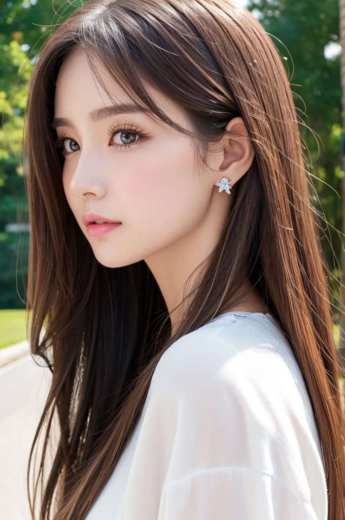 (Highest quality、Tabletop、8K、Best image quality、Award-winning works)、((profile:1.4))、ear、((Long Hair:1.46)),(Brown Hair)、(White casual clothes:1.2)、(The simplest pure white background:1.3)、(Perfectly fixed in front:1.1),(Portrait with Space:1.2)、Beautiful and exquisite、Perfect Makeup、Ultra-high definition beauty face、Ultra HD Hair、Ultra HD Shining Eyes、Super high quality glossy lip、Accurate anatomy、Very beautiful skin、(Pure white skin shining in ultra-high resolution:1.1)、(Very bright:1.2),Big Natural Color Lip、Lip gloss,Harajuku、cute、cute美人