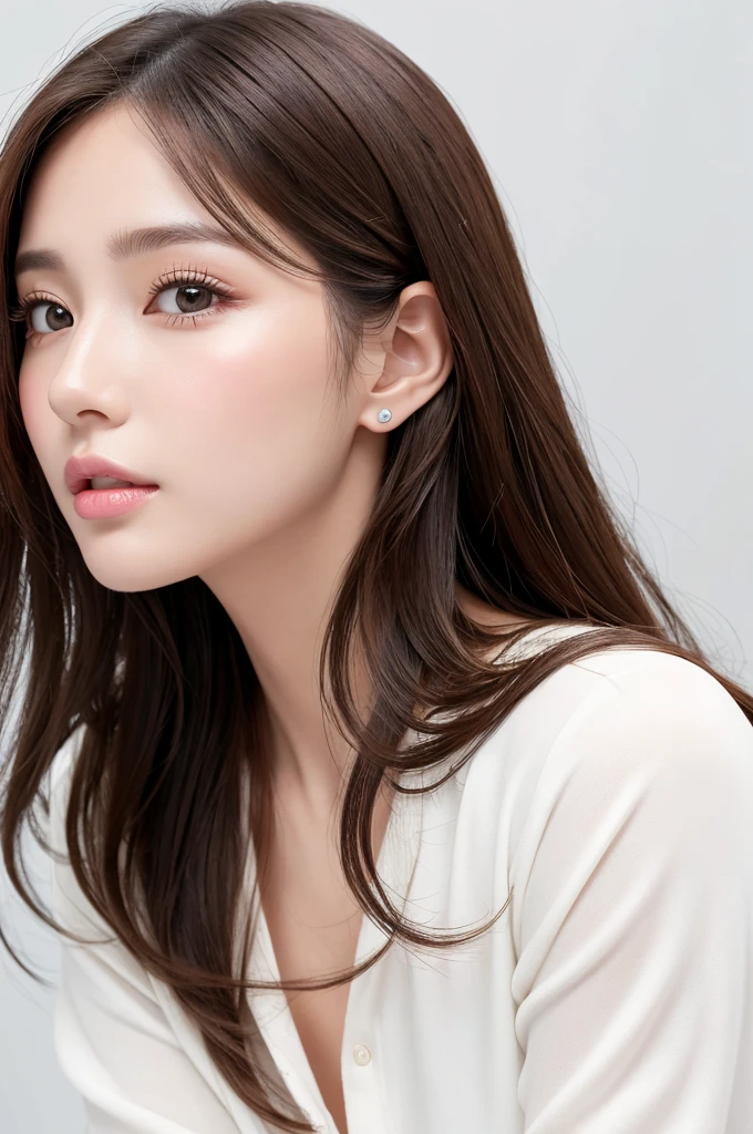 (Highest quality、Tabletop、8K、Best image quality、Award-winning works)、((profile:1.4))、ear、((Long Hair:1.46)),(Brown Hair)、(White casual clothes:1.2)、(The simplest pure white background:1.3)、(Perfectly fixed in front:1.1),(Portrait with Space:1.2)、Beautiful and exquisite、Perfect Makeup、Ultra-high definition beauty face、Ultra HD Hair、Ultra HD Shining Eyes、Super high quality glossy lip、Accurate anatomy、Very beautiful skin、(Pure white skin shining in ultra-high resolution:1.1)、(Very bright:1.2),Big Natural Color Lip、Lip gloss,Harajuku、cute、cute美人
