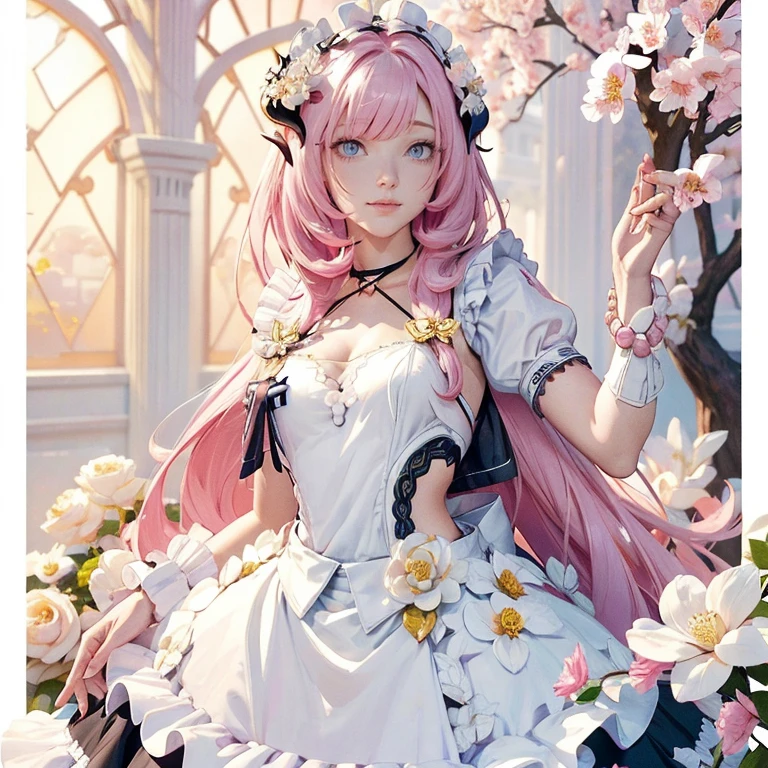  long hair, pink hair, black horns, long flowing hair, floating hair, ornament hair, perfectly body, perfectly hands, white rose on hair, maid, maid dress, maid headdress, maid apron, white apron, on street, petals in the air, blossom peach tree, centered girl, maid dress, white dress, more details on her clothes, dress with transparency, golden details, daylight, smiling, cape, ((4k, masterpiece, top-quality)),8k, best quality, high resolution, HD, (illustration:0.8), super cute girl, delicate and beautiful face, 1girl, solo, mature girl, super cute hairstyle, (beautiful detailed eyes:1.6), extremely detailed face, perfect lighting, extremely detailed CG, (perfect hands, perfect anatomy), Best quality, cleavage, small skirt, full Body,