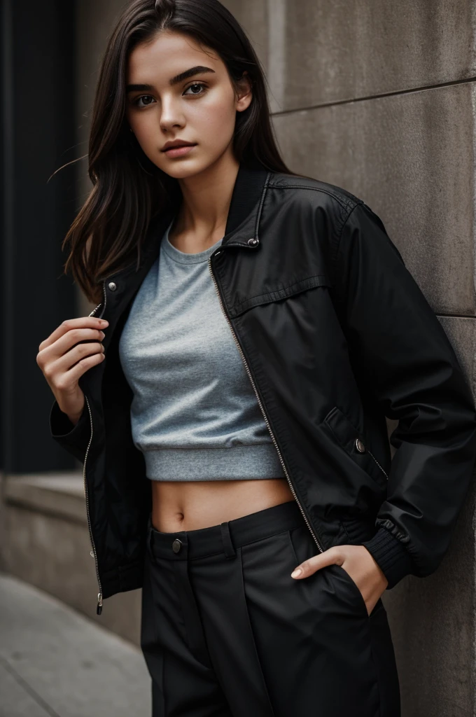 Photography of a 20 year old woman, perfect face, Masterpiece, good, underwear, black_good, jacket, black_trousers