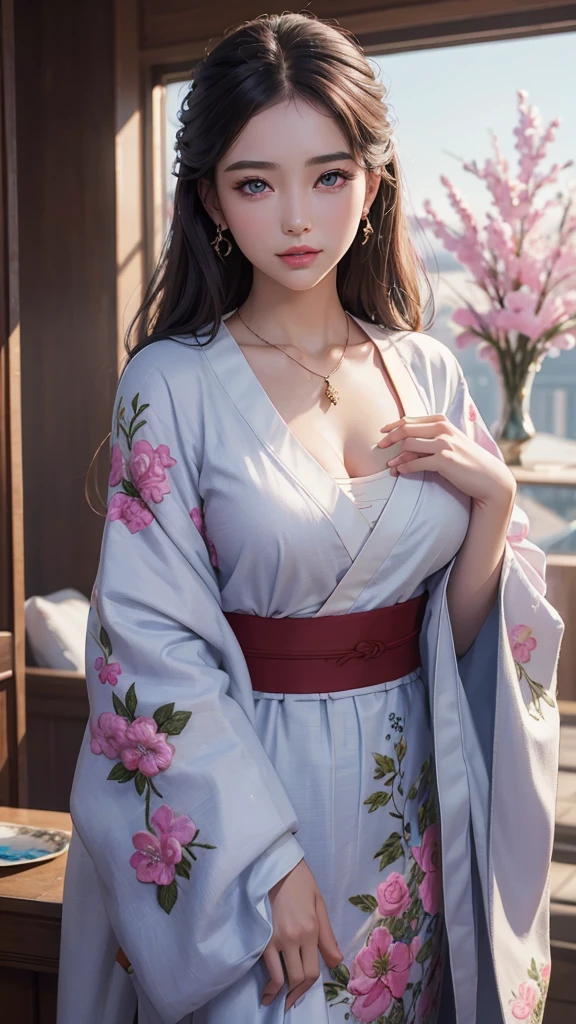(masterpiece)、(top-quality)、(Realistic)、Charming daughter、Portrait of a beautiful girl、1girl in、Beautiful clear eyes and detailed eyes、Glitter eyes、Shining Ace Perfect、Perfect eyes、Perfect iris、Perfect lips、perfect teeth、flawless skin、Beautiful nose、Beautiful mouth、beautiful lip skin、portrait shooting、Professional artwork、in 8K、Photorealsitic、luxurious embroidery kimono、Elegant Face、perfect anatomia、Perfect female body:1.4、Ultra-realistic painting:1.4、Ultra-precision painting:1.4、nffsw:1.4、corporate offices、Raw photography、a necklace、earringagnificent、Breast size is F cup、finger is five