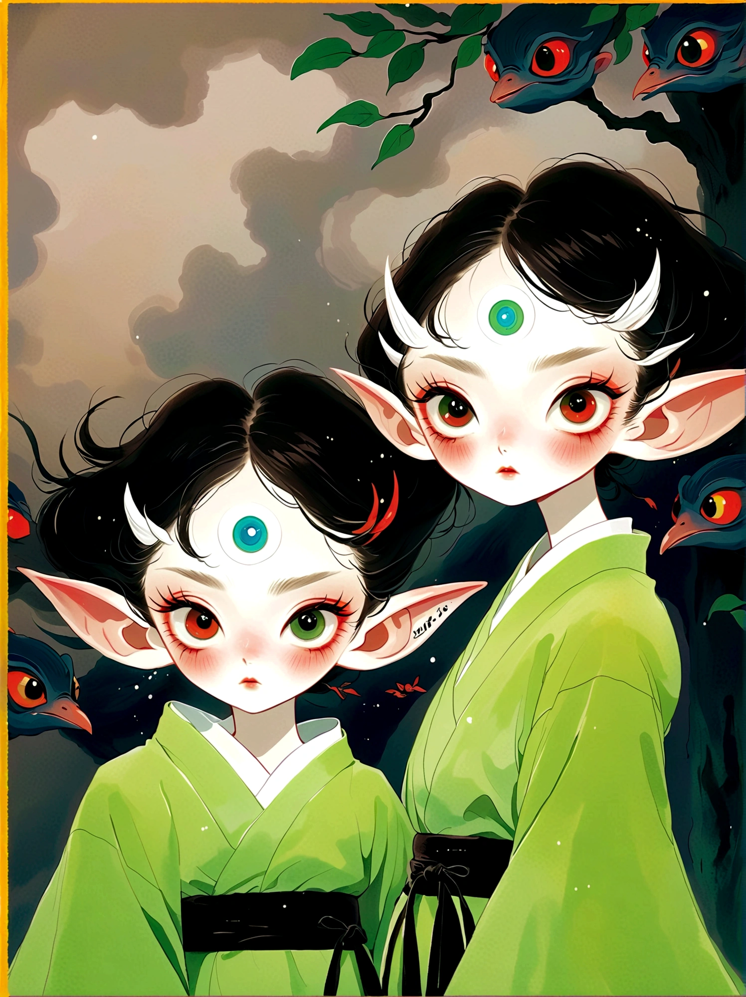 2 boys，Elf ears，Red eyes，Green Japanese Kimono，Eyes on forehead，Japanese horror style Japanese pop surrealism, author：Yukika Kosaka, Nguyen Gia and Joao Nguyen,
