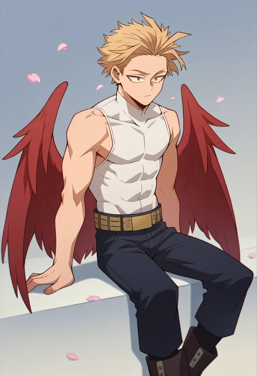 only, boy blonde hair slicked back, some front strands, gold eyes, delicate and fine ranges, white sleeveless long collar shirt dress, dark rocker jacket with fluffy hood falling off your shoulders, dark ripped pants, long boots, red wings on his back, sitting on a piece of furniture, with cherry blossoms, Boku no hero academia, Hawks 