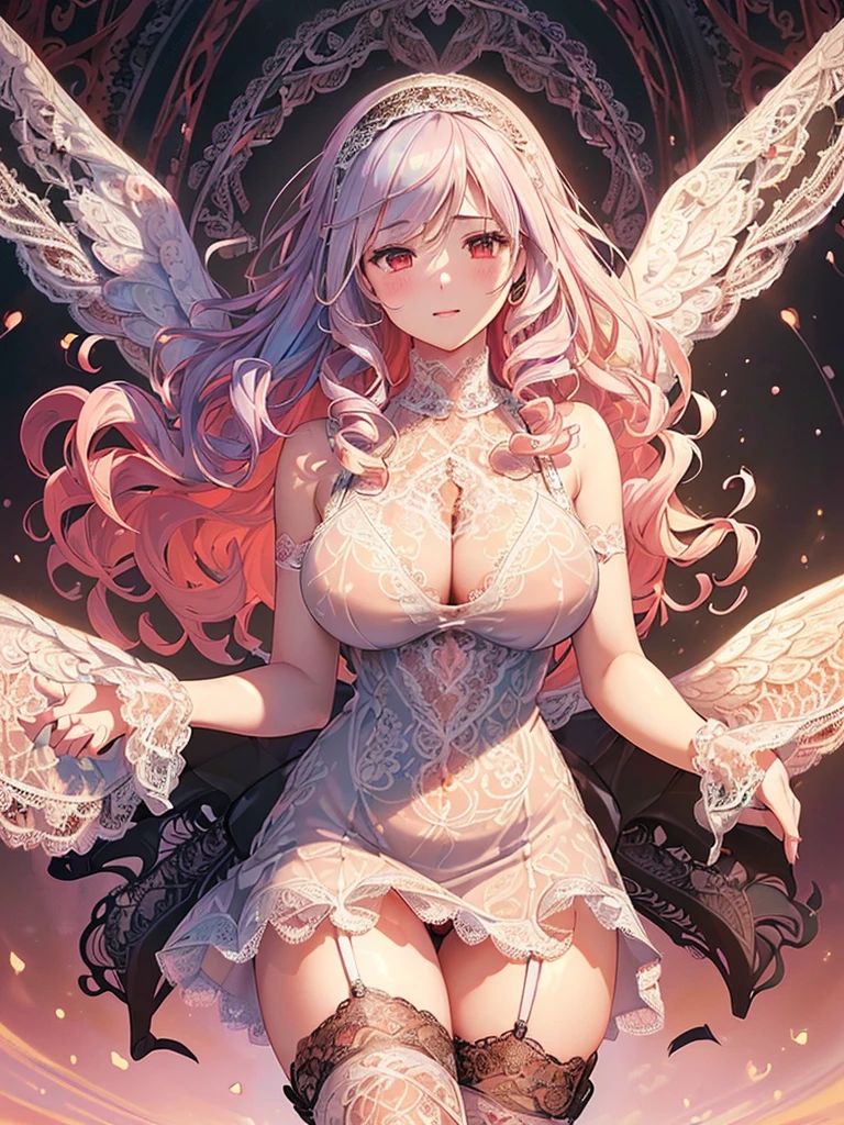 ((Highest quality)),(Ultra-high resolution),(Very detailed),(Detailed Description),((The best CG)),(A masterpiece),Ultra-detailed art,Amazing painting art,(Works with precise details:1.5), (1 female:1.6),(Beautiful and well-proportioned face:1.5),(Curly Hair:1.6),(Intricately detailed lace dress:1.9),Fine jewellery with exquisite detailing:1.5,Waist Accessories:1.5,Look at me and smile:1.5, See-through nipples, Angel Girl, (Magnificent white angel wings on his back:1.3), Mature Woman,Descended into the church,(Pastel colored hair:1.3),(Red and black long high heel boots:1.4), (garter belt), (stockings)、 (Floating in the sky with magical powers:1.2),(Floating skirt:1.5), (Embarrassed expression, blush:1.2),(bracelet),(heart choker)