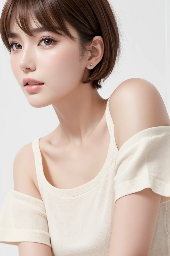 (Highest quality、Tabletop、8K、Best image quality、Award-winning works)、((profile:1.4))、ear、((short hair:1.46)),(Brown Hair)、(White casual clothes:1.2)、(The simplest pure white background:1.3)、(Perfectly fixed in front:1.1),(Portrait with Space:1.2)、Beautiful and exquisite、Perfect Makeup、Ultra-high definition beauty face、Ultra HD Hair、Ultra HD Shining Eyes、Super high quality glossy lip、Accurate anatomy、Very beautiful skin、(Pure white skin shining in ultra-high resolution:1.1)、(Very bright:1.2),Big Natural Color Lip、Lip gloss,Harajuku、cute、cute美人