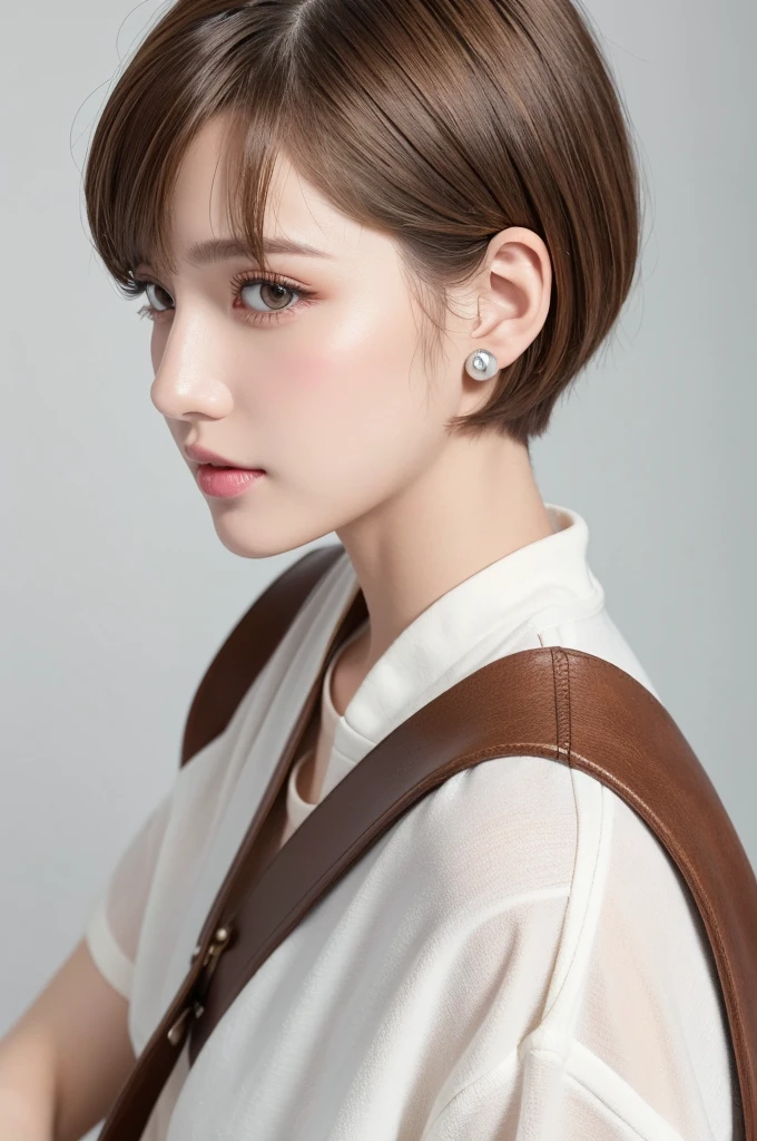 (Highest quality、Tabletop、8K、Best image quality、Award-winning works)、((profile:1.4))、ear、((short hair:1.46)),(Brown Hair)、(White casual clothes:1.2)、(The simplest pure white background:1.3)、(Perfectly fixed in front:1.1),(Portrait with Space:1.2)、Beautiful and exquisite、Perfect Makeup、Ultra-high definition beauty face、Ultra HD Hair、Ultra HD Shining Eyes、Super high quality glossy lip、Accurate anatomy、Very beautiful skin、(Pure white skin shining in ultra-high resolution:1.1)、(Very bright:1.2),Big Natural Color Lip、Lip gloss,Harajuku、cute、cute美人
