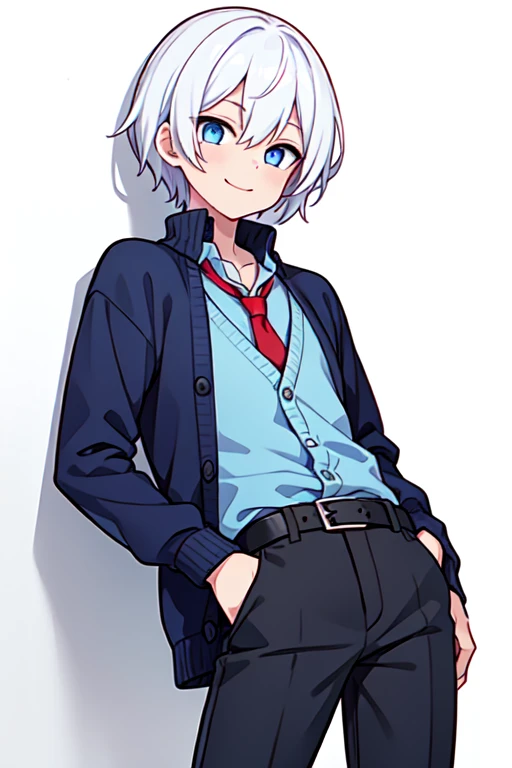 1boy, cute, white hair, blue eyes, wear a shirt with collars, navy cardigan,red tie, leaning on the wall, white background, smile, black pant, belt.