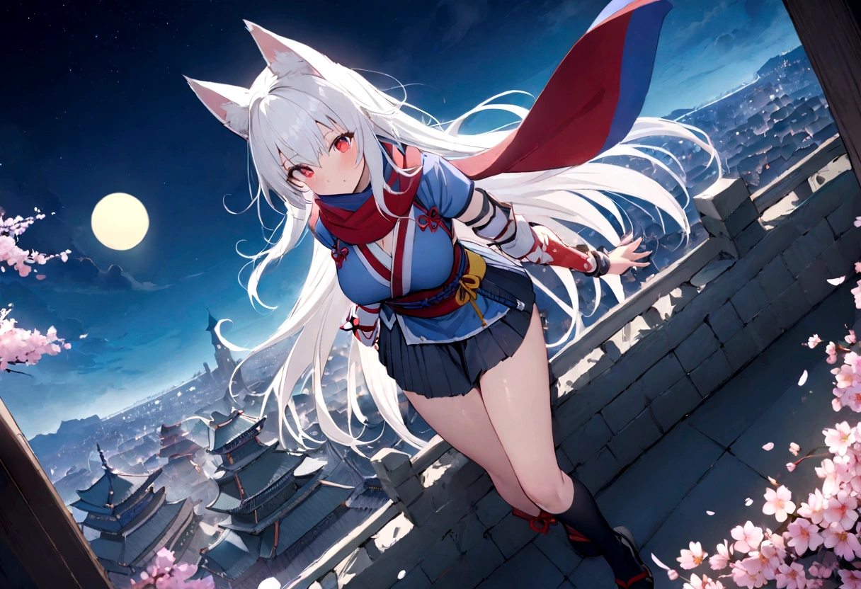 Black net on arm、On top of the castle、Looking down from the castle tower、White Gauntlet、insert、Asahi、A magnificent view of the city from the treetops、(masterpiece, best quality:1.2), 1girl, 独奏,Wolf girl, fox mask, ninja, girl, long white hair, odd eyes, blue kimono, ninja girl, red and blue scarf,Dancing Cherry Blossoms,Full moon backlighting, light coming in, fantastic atmosphere.night、Shadows of light and darkness、Eyes glowing in the dark、Black fox mask、Fisheye Lens、Expansive starry sky、long hair that spreads、Overlooking the city from atop a large cherry tree、Aside exposure、Black High Knee Socks、Blue mini skirt