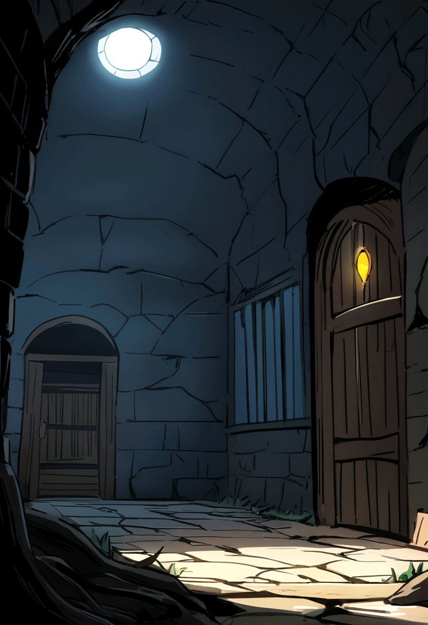 underground location, basement, there are traces of blood on the walls, small window with bars at the top of the room, through which the light shines, The ceiling of the stone room is covered with cobwebs and tree roots, emphasis on the window, dark stone walls around, darkness, anime style, Manga, fantasy, Middle Ages, basement находится под зданием