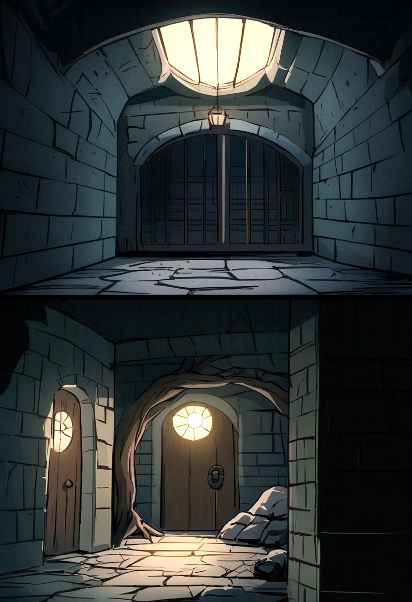 underground location, basement, there are traces of blood on the walls, small window with bars at the top of the room, through which the light shines, The ceiling of the stone room is covered with cobwebs and tree roots, emphasis on the window, dark stone walls around, darkness, anime style, Manga, fantasy, Middle Ages, basement находится под зданием