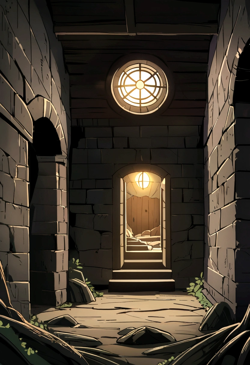underground location, basement, there are traces of blood on the walls, small window with bars at the top of the room, through which the light shines, The ceiling of the stone room is covered with cobwebs and tree roots, emphasis on the window, dark stone walls around, darkness, anime style, Manga, fantasy, Middle Ages, basement находится под зданием