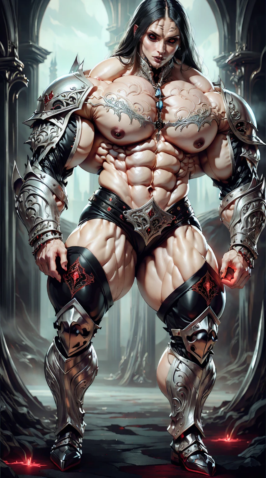 (megan fox:1.25), (muscular:1.5), (full body view:1.25), (masterpiece:1.1), (best quality:1.1), (ornate:1.1), (red and black armor:1.26), (horror:1.0), (esoteric:1.1), (solo:1.4), (dynamic angle:1.0), (cowboy shot:1.0), (woman:1.1),(very muscular bodybuilder girl:1.25), (huge upper body:1.25), (narrow hips:1.0), long hair, (gothic intricate vampiric armor:1.25), (gauntlets:1.0), (shoulder armor:1.1), ((tarot style frame:1.25)), (glowing red eyes:1.25), (huge muscular arms:1.5,), (10-pack abs:1.4), (lots of veins:1.25), thin legs, Realistic, Very detailed face and eyes, masterpiece, (beautiful girl face:1.25)