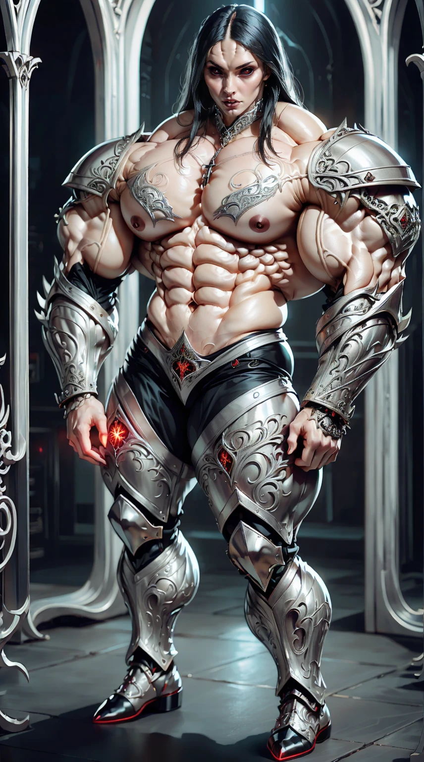 (megan fox:1.25), (muscular:1.5), (full body view:1.25), (masterpiece:1.1), (best quality:1.1), (ornate:1.1), (red and black armor:1.26), (horror:1.0), (esoteric:1.1), (solo:1.4), (dynamic angle:1.0), (cowboy shot:1.0), (woman:1.1),(very muscular bodybuilder girl:1.25), (huge upper body:1.25), (narrow hips:1.0), long hair, (gothic intricate vampiric armor:1.25), (gauntlets:1.0), (shoulder armor:1.1), ((tarot style frame:1.25)), (glowing red eyes:1.25), (huge muscular arms:1.5,), (10-pack abs:1.4), (lots of veins:1.25), thin legs, Realistic, Very detailed face and eyes, masterpiece, (beautiful girl face:1.25)
