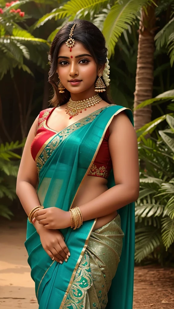 Beautiful chubby Indian girl in stunning saree romantic poses teasing 8k hyperrealstic full detailed broad face 