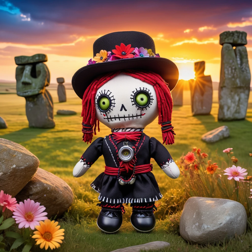 (knitted toy voodoo doll:1.7), (Voodoo doll:1.3), (Clothing: casual rural outfit with stone patterns:1.0), (Accessories: binoculars, hat:1.1), (background: historical Stonehenge with floating flowers, glowing stones and sparkling sunrise: 1.2), best quality, masterpiece, detailed soft oil painting, detailed background, dramatic cinematic lighting, soft edge lighting, professional, dramatic lighting, hard edge lighting, ultra quality, 4k,masterpiece, best quality, 8k, ultra highres, highres, extremely detailed