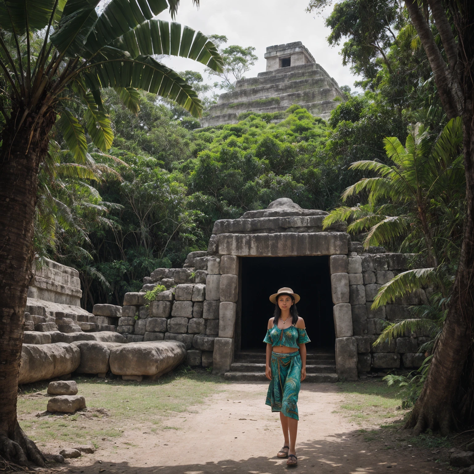 Photography, shot taken with a Nikon D850 with a 35mm lens of a 35year old female jungle explorer dressed in traditional cloths, emerging from the jungle into a open tropical plain with a Mayan temple ruin in the distance. --ar 3:2 --v 5