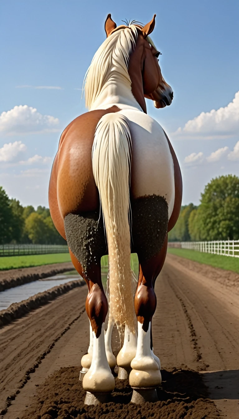 full rear(100) view of large fat wide hairy grey(1,20)  Shire horse stallion with 2 big lumps of horse dung forcefully appearing out of the centre of a big bum and sliding down legs.  very large volume of urine pouring out of erect penis. facing away from view point - towards horizon. wide open rectum and anus in full view. full of horse dung. tail to left side. ((masterpiece)), ((best quality)), ((highres)), ((extremely detailed)), (( back view)), (super realistic) . anatomically correct. horse surrounded by 5 lumps of steaming dung. open field. bright sunny sky. view includes legs and hoofs