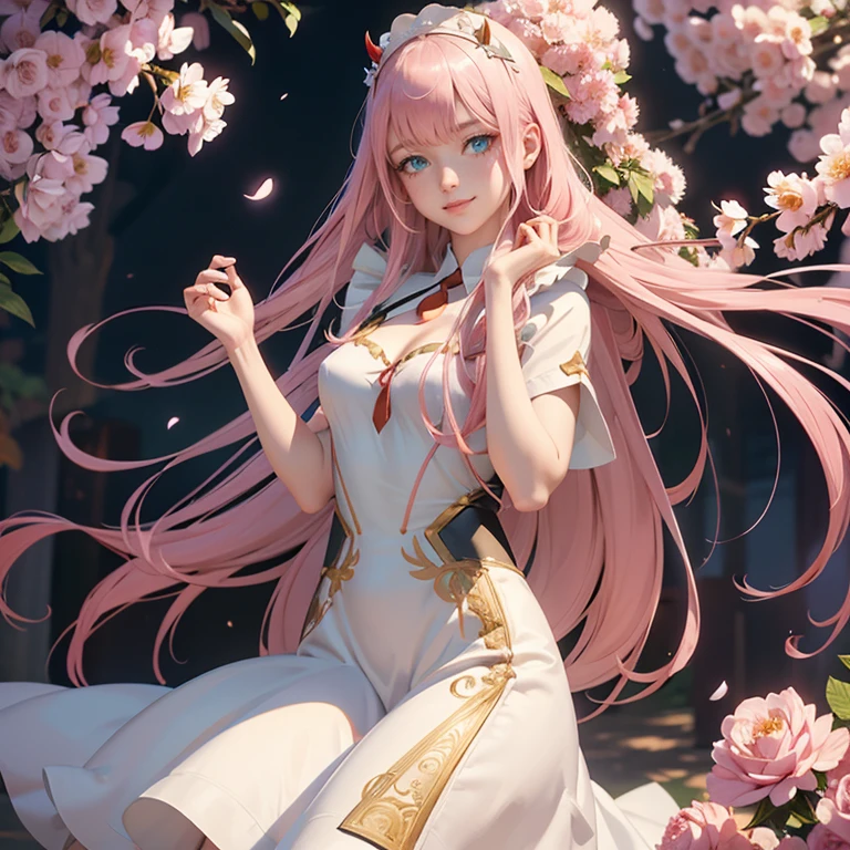  long hair, pink hair, black horns, long flowing hair, floating hair, ornament hair, perfectly body, perfectly hands, white rose on hair, maid, maid dress, maid headdress, maid apron, white apron, on street, petals in the air, blossom peach tree, centered girl, maid dress, white dress, more details on her clothes, dress with transparency, golden details, daylight, smiling, cape, ((4k, masterpiece, top-quality)),8k, best quality, high resolution, HD, (illustration:0.8), super cute girl, delicate and beautiful face, 1girl, solo, mature girl, super cute hairstyle, (beautiful detailed eyes:1.6), extremely detailed face, perfect lighting, extremely detailed CG, (perfect hands, perfect anatomy), Best quality, cleavage, small skirt, full Body,