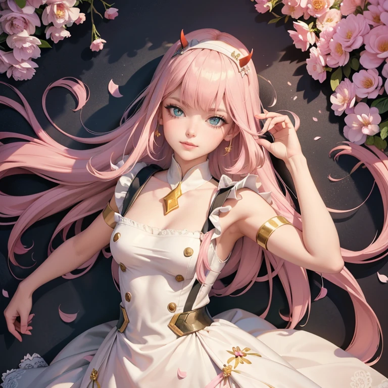  long hair, pink hair, black horns, long flowing hair, floating hair, ornament hair, perfectly body, perfectly hands, white rose on hair, maid, maid dress, maid headdress, maid apron, white apron, on street, petals in the air, blossom peach tree, centered girl, maid dress, white dress, more details on her clothes, dress with transparency, golden details, daylight, smiling, cape, ((4k, masterpiece, top-quality)),8k, best quality, high resolution, HD, (illustration:0.8), super cute girl, delicate and beautiful face, 1girl, solo, mature girl, super cute hairstyle, (beautiful detailed eyes:1.6), extremely detailed face, perfect lighting, extremely detailed CG, (perfect hands, perfect anatomy), Best quality, cleavage, small skirt, full Body,