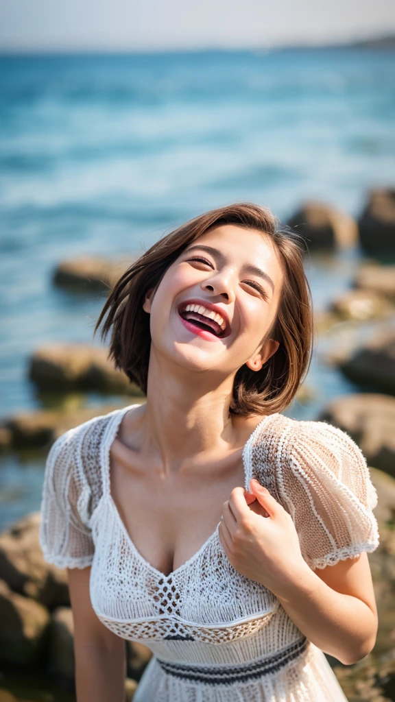 ((Highest quality、8K、masterpiece:1.3))、Japanese、26 years old、Sensual woman、1 Girl、(Slim figure:1.2)、Brown haired、Bobcut、Highly detailed face、Lip details、Detailed eyes、double eyelid、(Huge breasts:1.4)、Laughter、((Knitted dress))、((Upward glance:1,5))、((Laughter))、Fold your arms in front of your chest、((Squat))、Photographed from the front、Sea side、