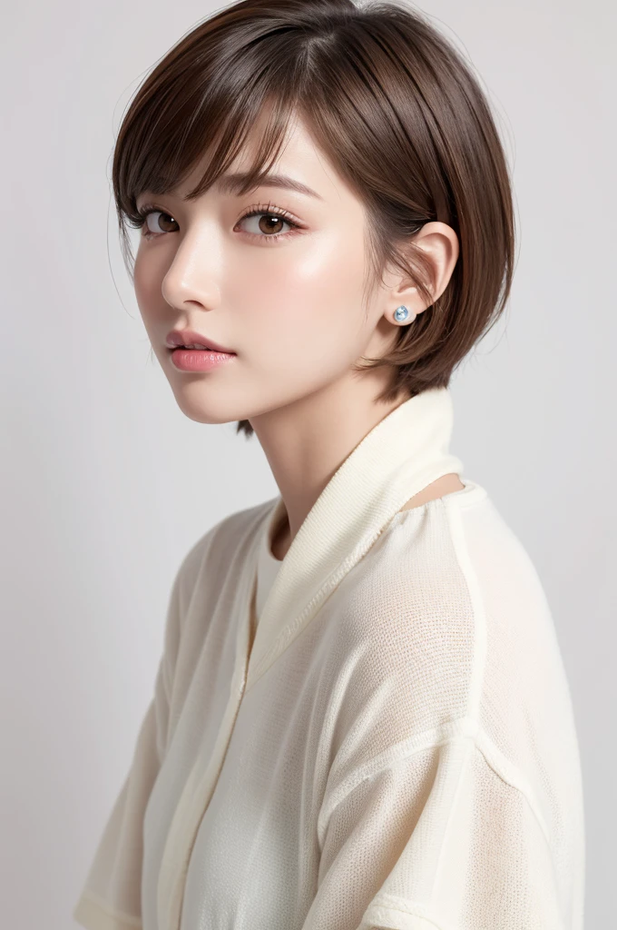 (Highest quality、Tabletop、8K、Best image quality、Award-winning works)、((profile:1.4))、ear、((short hair:1.46)),(Brown Hair)、(White casual clothes:1.2)、(The simplest pure white background:1.3)、(Perfectly fixed in front:1.1),(Portrait with Space:1.2)、Beautiful and exquisite、Perfect Makeup、Ultra-high definition beauty face、Ultra HD Hair、Ultra HD Shining Eyes、Super high quality glossy lip、Accurate anatomy、Very beautiful skin、(Pure white skin shining in ultra-high resolution:1.1)、(Very bright:1.2),Big Natural Color Lip、Lip gloss,Harajuku、cute、cute美人