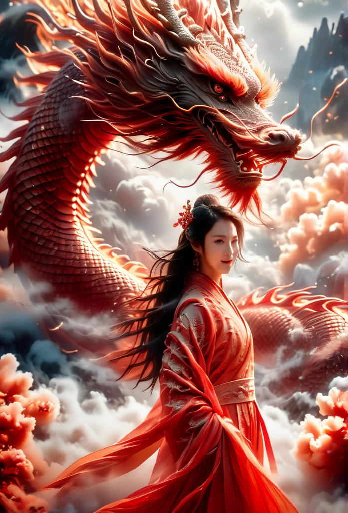 On the poster of a Chinese TV drama, there is a red Chinese dragon, very tame, calm mood, vibrant Chinese dragon style, oshare kei, uhd image, maggismo, photobashing, red, safflower elements, smoke covered in dreamlike and delicate details, 8k