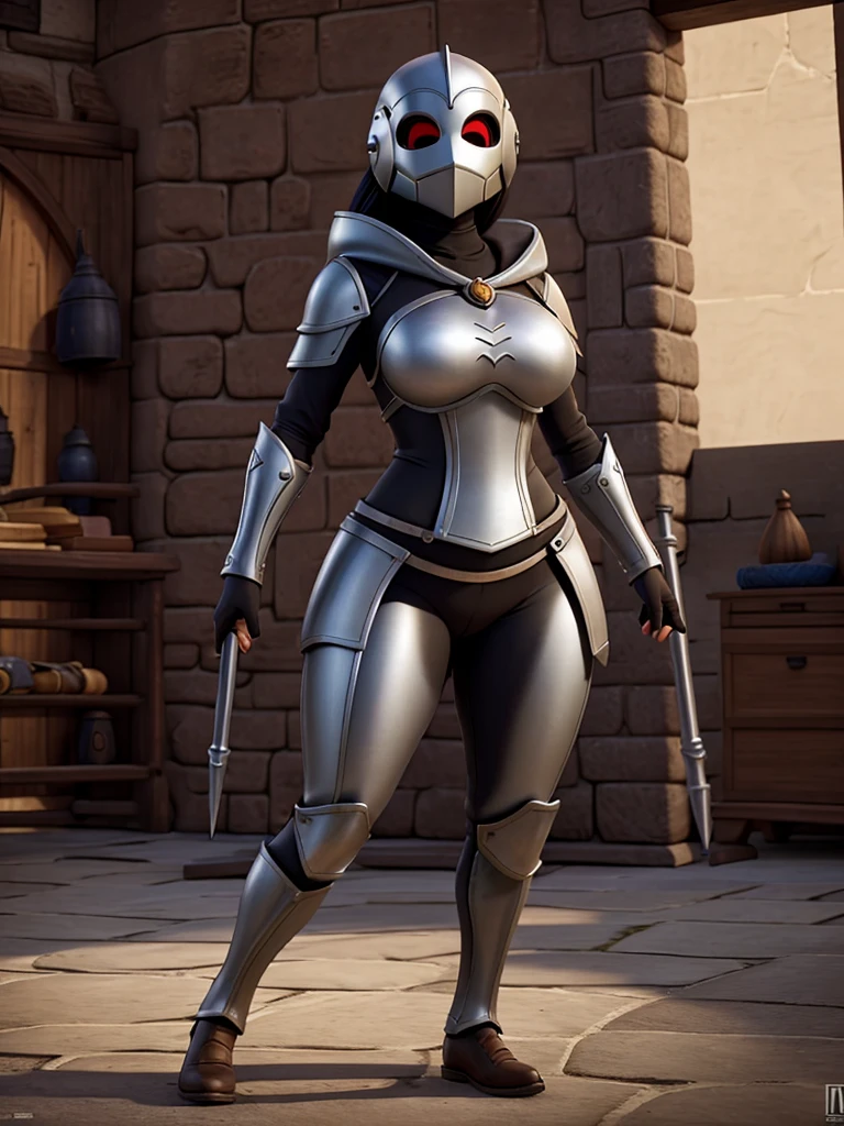rpg character corpo inteiro, roupa medieval, armadura, woman, one woman, alone, sexy woman, curvy body, black hair, no helmet, big ass