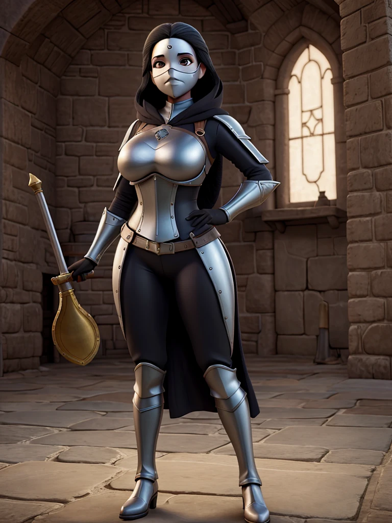 rpg character corpo inteiro, roupa medieval, armadura, woman, one woman, alone, sexy woman, curvy body, black hair, no helmet, big ass
