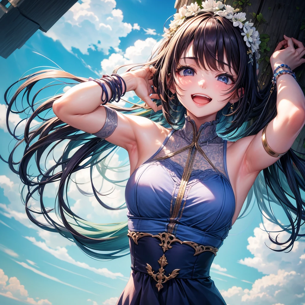 A beautiful girl, held by her wrists fully hanging, getting her armpits tickled, laughing and making a cute face.